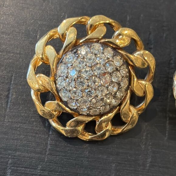 Gold and Silver Chain Link Pierced Rhinestone Earrings - Picture 2 of 7